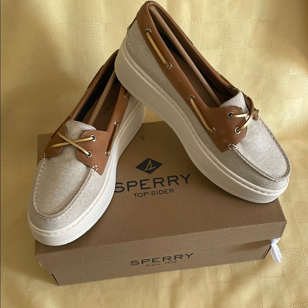 Sperry Cream and Tan Loafers Comfortable Flats   A/O platform sparkle gold
